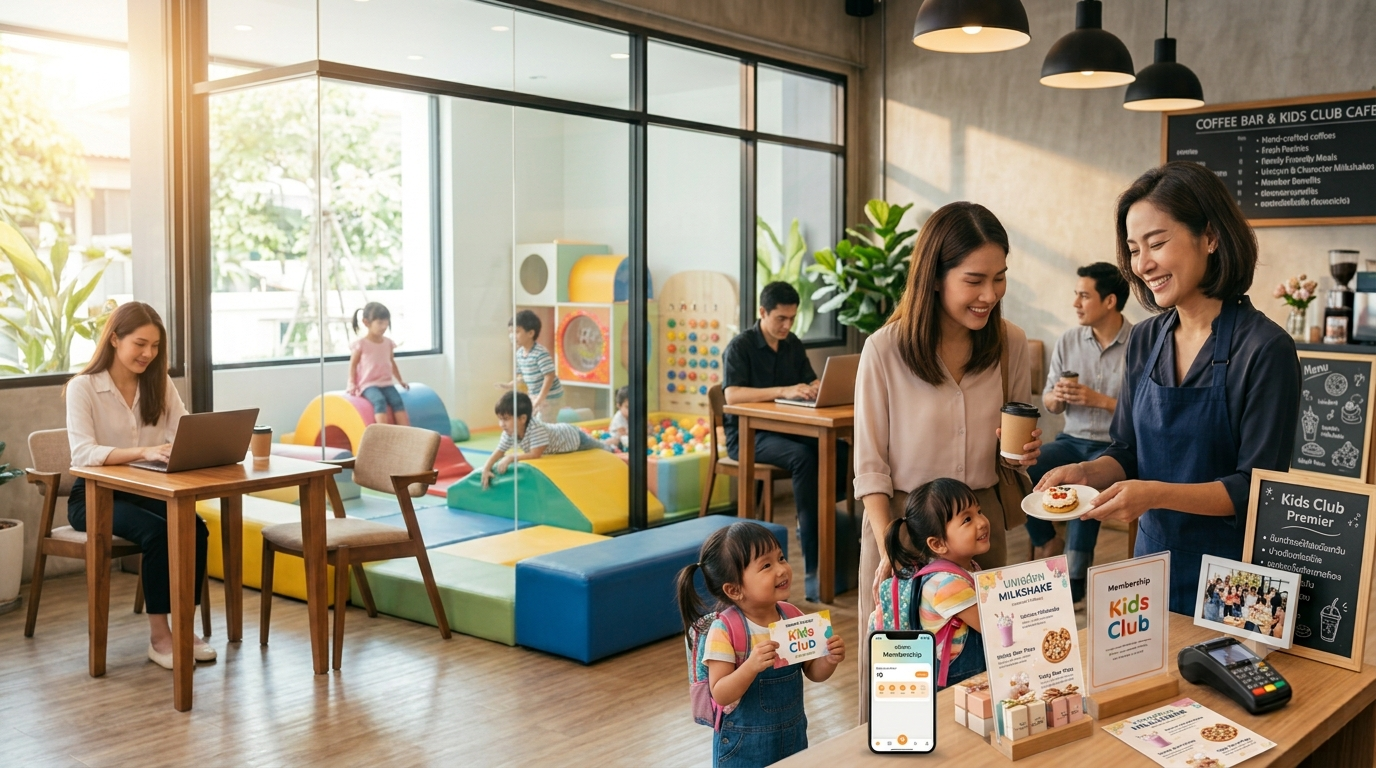 ระบบสมาชิกร้านอาหาร eMenu แสดงข้อมูลลูกค้าประจำและแต้มสะสมบนหน้าจอ POS ในร้านอาหารที่ลูกค้าเต็มร้าน