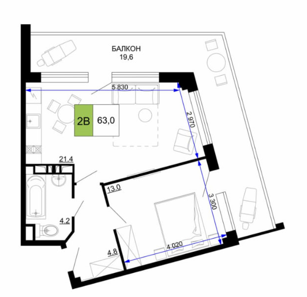 Планировка 2-комнатный 63 м²