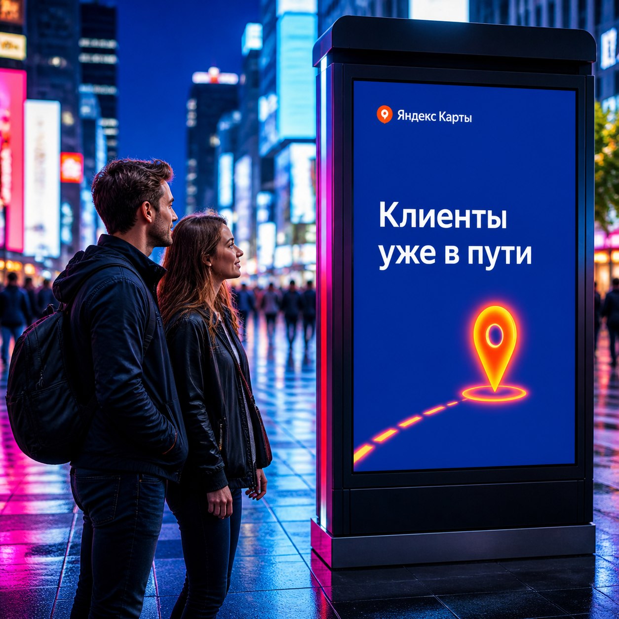 Вечерняя площадь с уличным инфо-стендом, отображающим Клиенты уже в пути