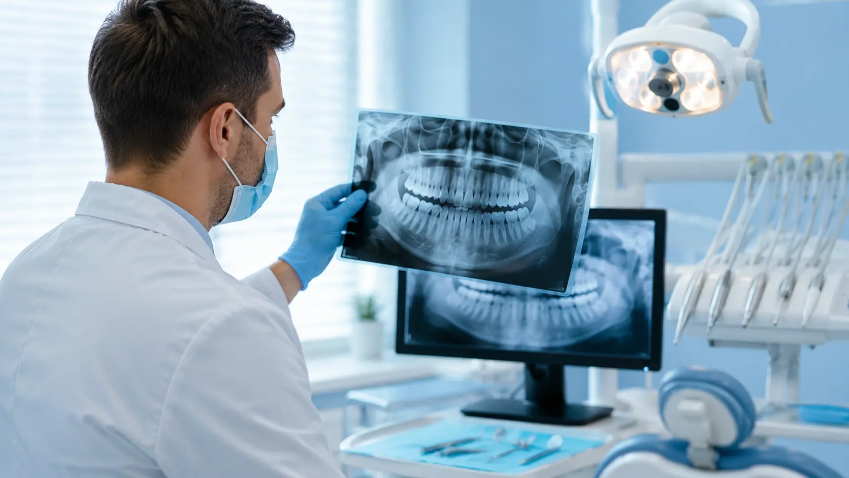 Стоматолог Good Smile изучает рентгеновский снимок для диагностики пульпита и периодонтита в Балашихе
