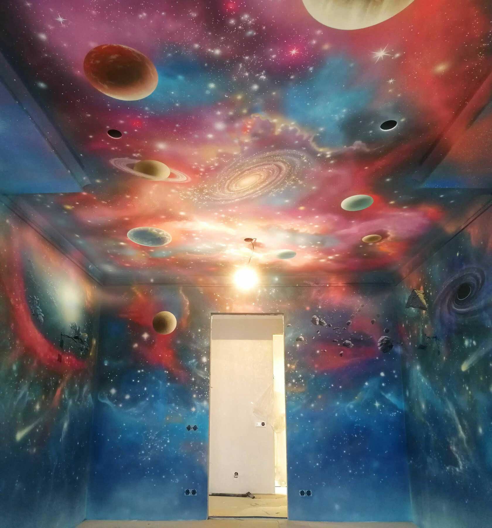 Роспись потолков, Роспись потолка космос, Роспись потолка в квартире, Роспись потолков и стен