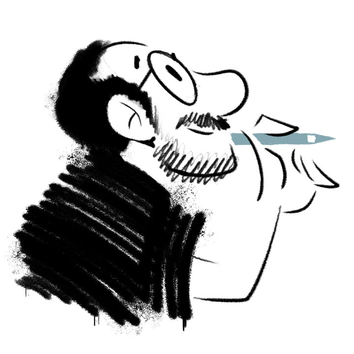 Рисованный персонаж Макса Десятых, который держит красную ручку в руке