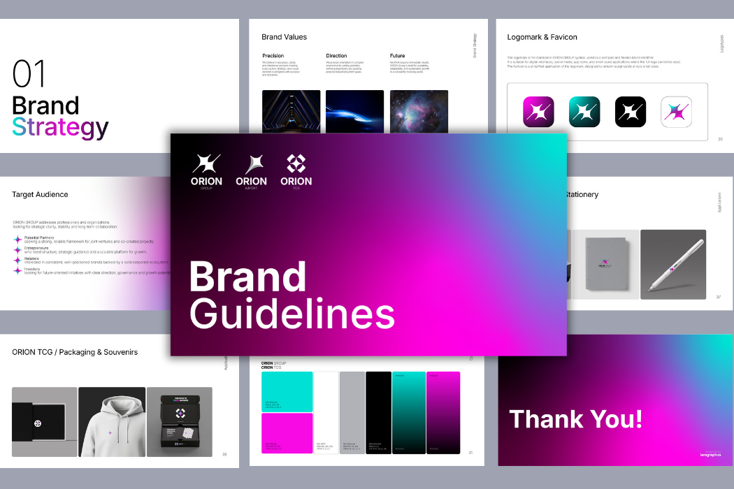 Brand guidelines presentation designed by Leragraphics, showcasing a structured visual identity system with logo usage, color palette, typography and brand strategy.