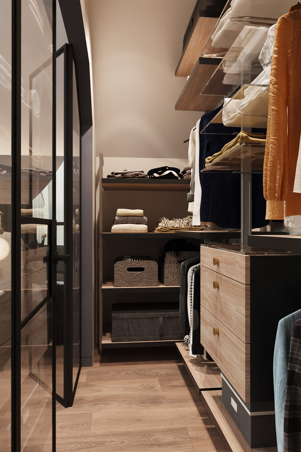 Dressing fonctionnel avec rangements optimisés dans un intérieur contemporain