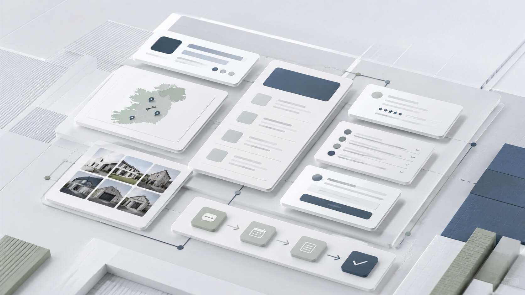 Abstract contractor website structure showing service pages, locations, project examples and enquiry paths