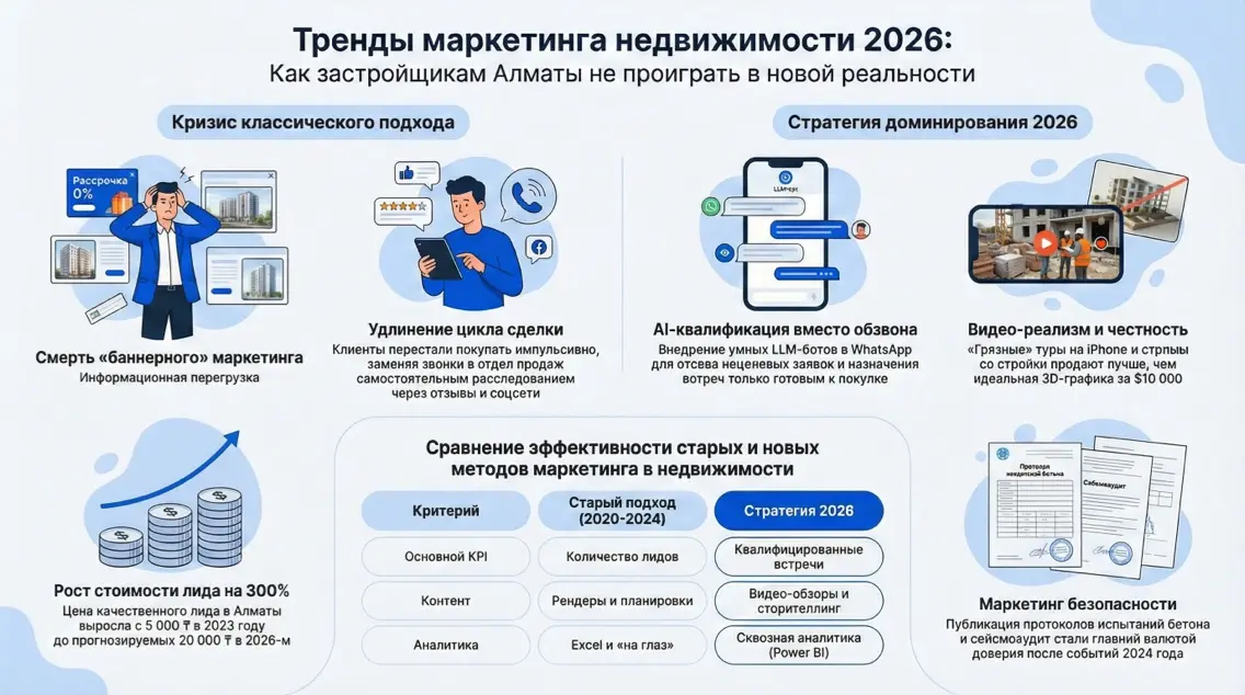 Инфографика: тренды маркетинга недвижимости алматы 2026 и сравнение старых методов с новыми стратегиями доминирования.