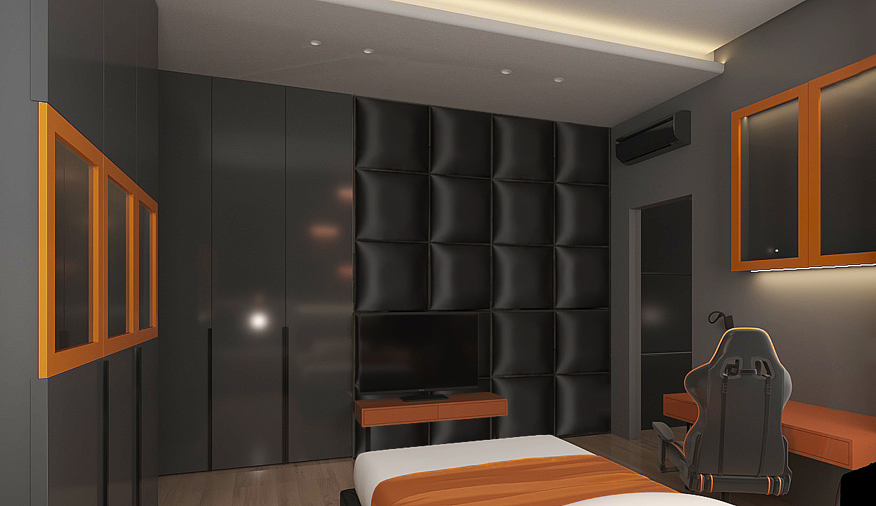 дизайн тёмной комнаты с оранжевыми акцентами, квадратными стеновыми кожаными мягкими панелями, закарнизной подсветкой