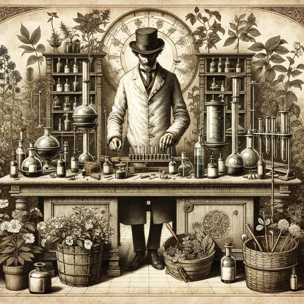 A vintage-style illustration depicting a botanical researcher in an alchemy laboratory. The scene includes an ancient laboratory table cluttered with plant specimens, laboratory glassware, flasks, and retorts. The researcher, dressed in classic scientific attire, is engaged in studying plants and extracting their essence. The setting combines elements of traditional botany and modern pharmacology, symbolizing the transformation of simple plants into valuable scientific data. The atmosphere is filled with a sense of ancient wisdom blended with contemporary scientific pursuit.