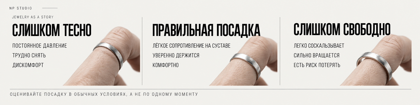 Сравнение посадки кольца: слишком тесно, правильная посадка и слишком свободно