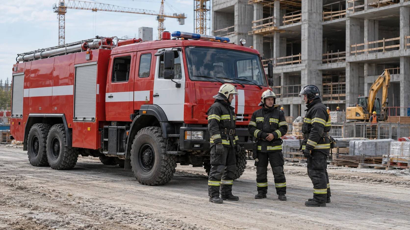 Пожарный расчёт с автоцистерной на строительной площадке.