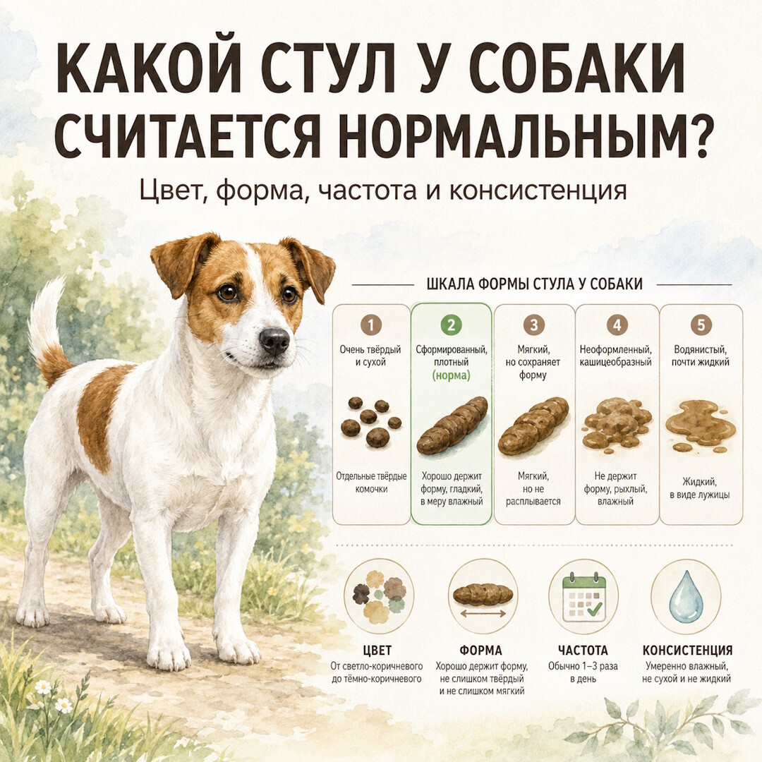 Джек-рассел-терьер рядом с пятиступенчатой шкалой стула собаки - нормальная форма, консистенция, цвет и частота дефекации