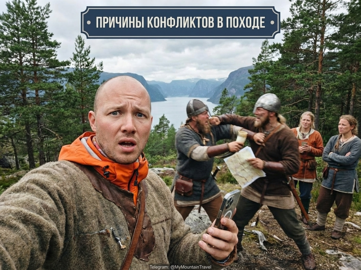 Туристическая группа обсуждает маршрут в горах причины конфликтов