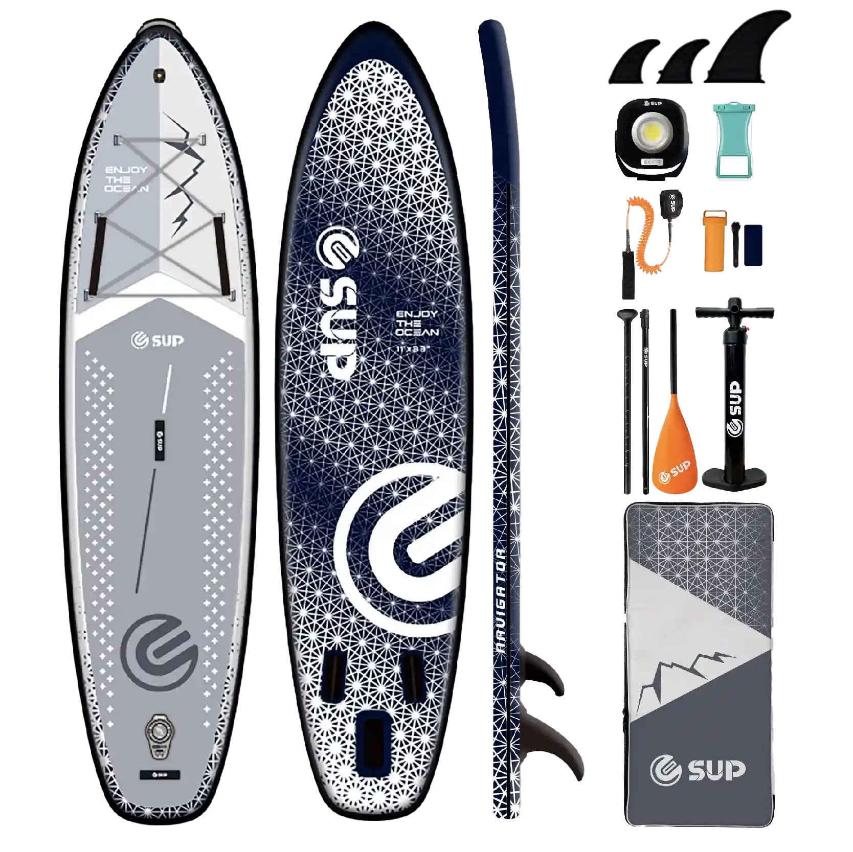 Комплект E-SUP Navigator Glow 11' — светящийся сапборд, насос, весло, LED-блок и рюкзак