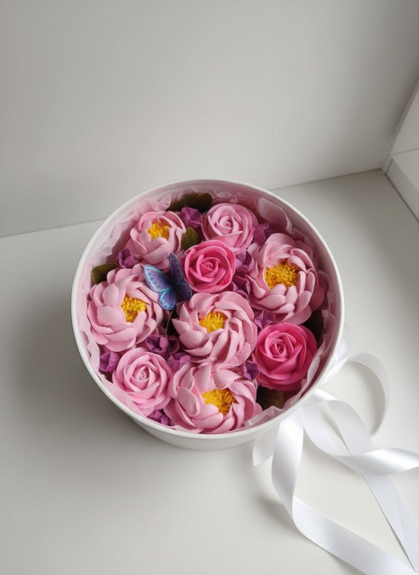 Художественные цветы из зефира в шляпной коробке с окном, диаметр 21 см 2