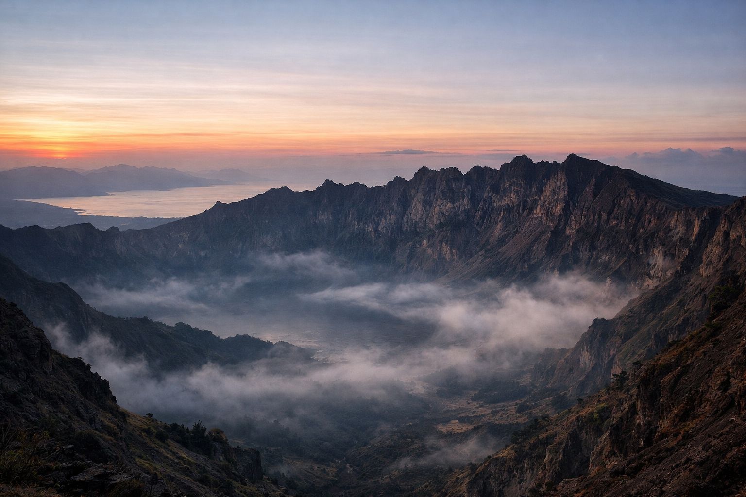 Pemandangan kawah Gunung Tambora saat fajar dengan kabut tipis dan tebing kaldera yang dramatis, merepresentasikan sejarah letusan besar Indonesia