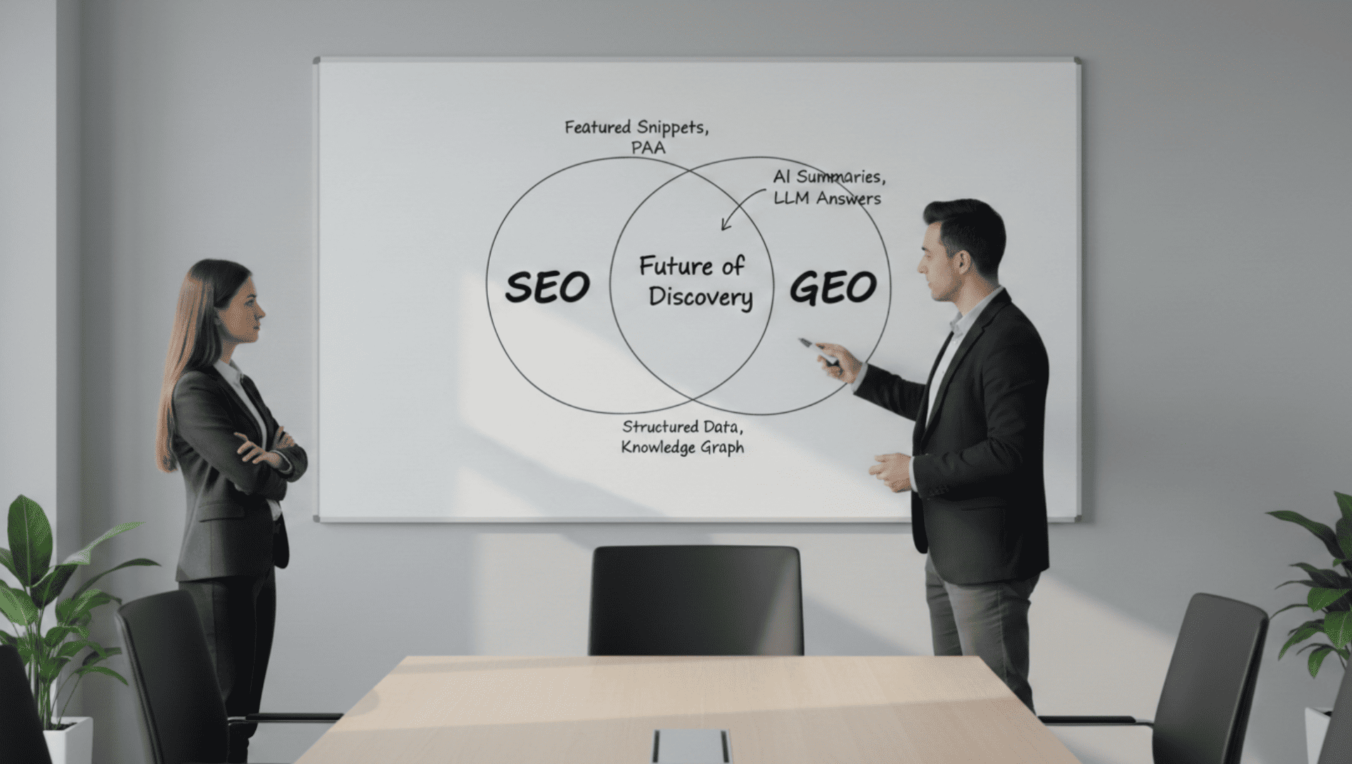 Marketing team in a Tashkent conference room analyzing the relationship between SEO, AEO, and GEO strategies on a whiteboard diagram.