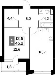 1-комн — 45,2 м²