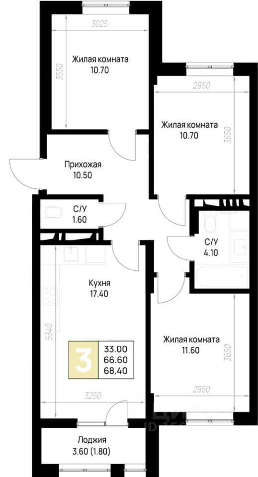 Планировка 3-комнатной квартиры 68.40 м²
