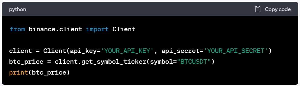 Code to establish a connection between binance python operations and retrieve the current Bitcoin (BTC) price.