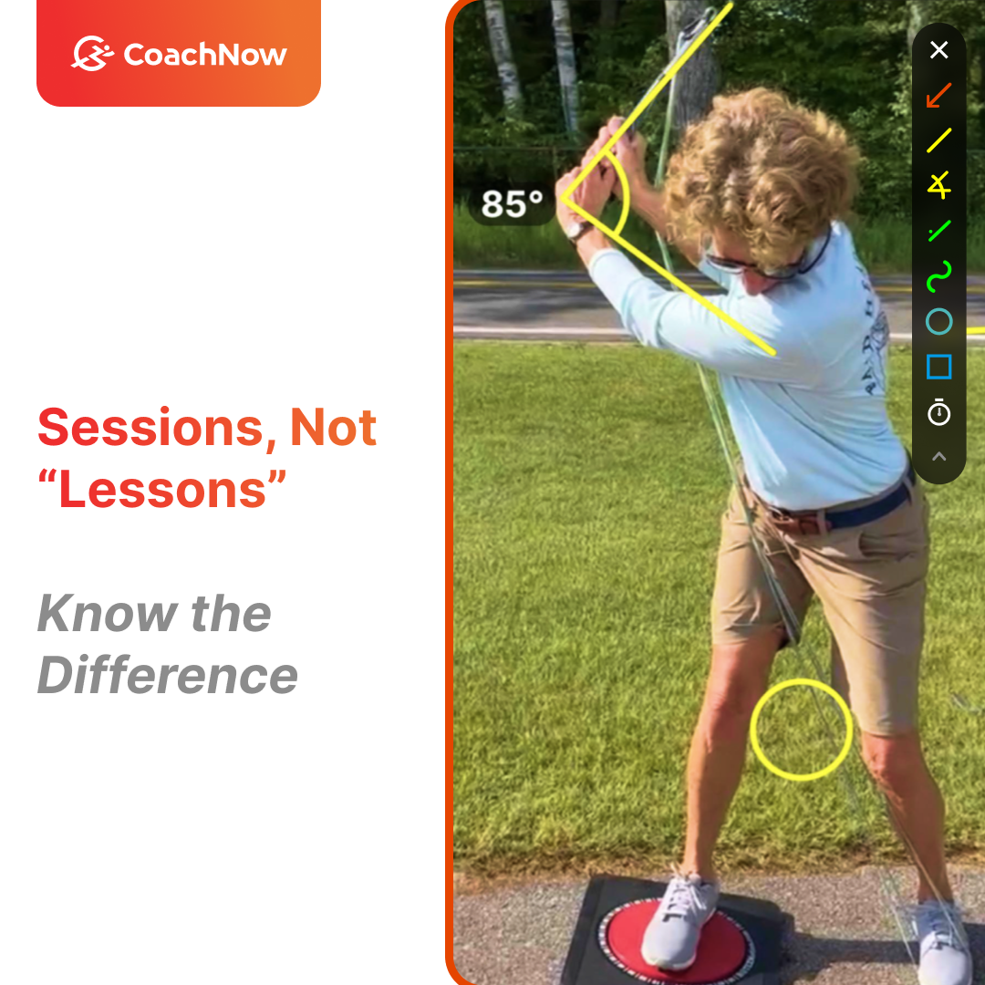 30 year old golfer with Curly hair practicing a swing with CoachNow's Video analysis overlay