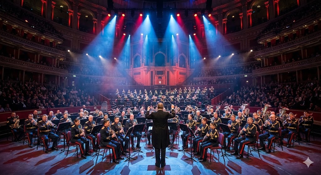 Выступление военного оркестра на сцене в день праздника, дирижер управляет музыкантами