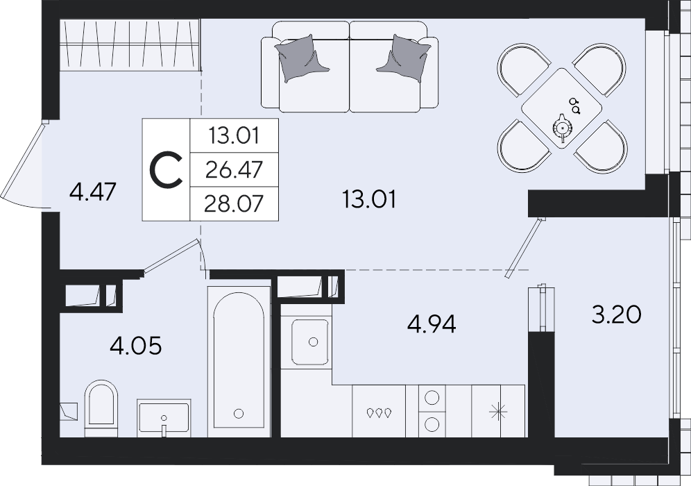 Студия 28,07 м²