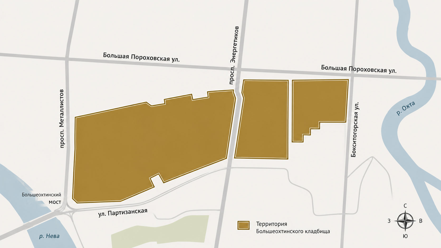 Схематичная карта расположения Большеохтинского кладбища