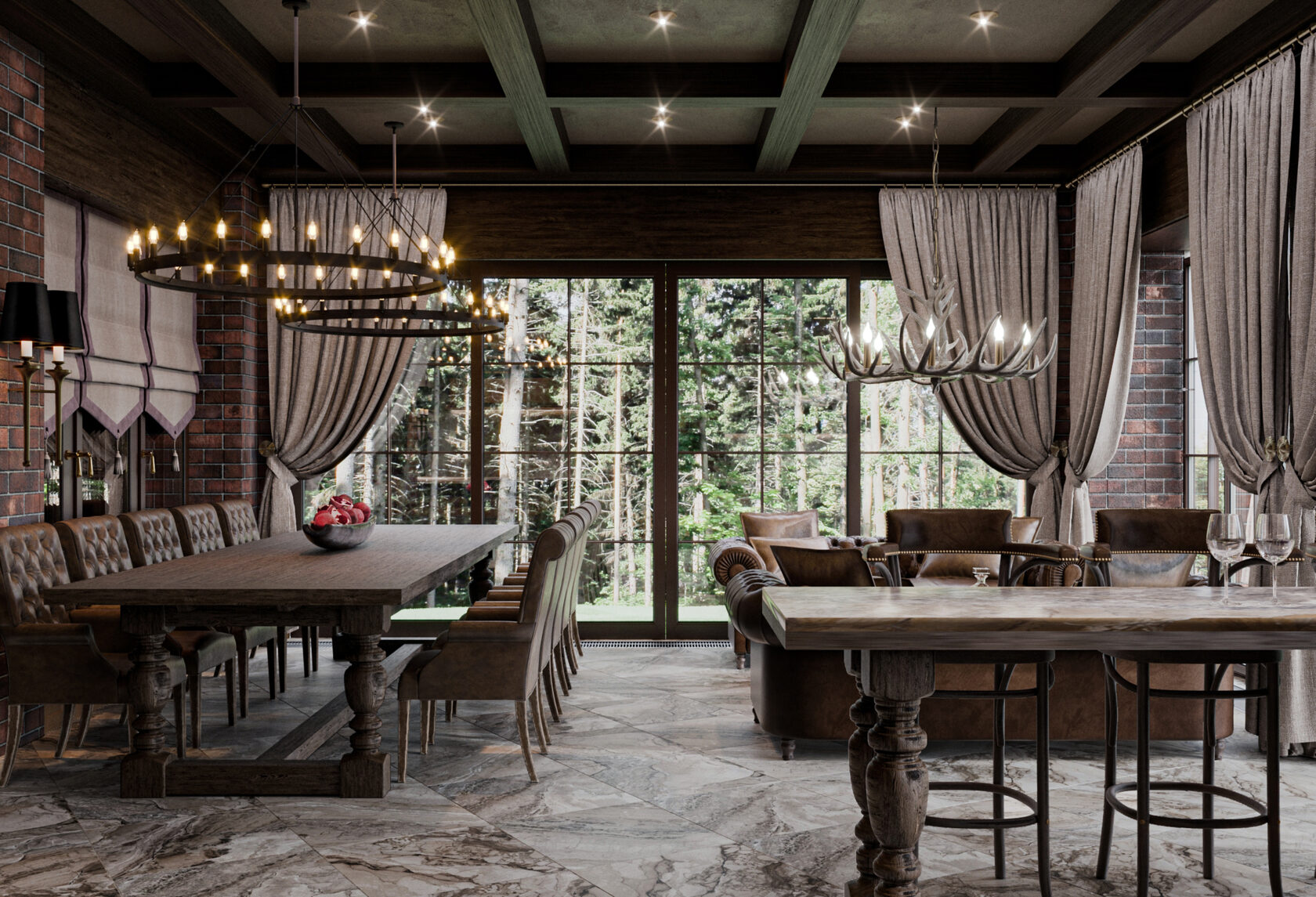 Дизайн интерьера столовой банного комплекса в английском стиле