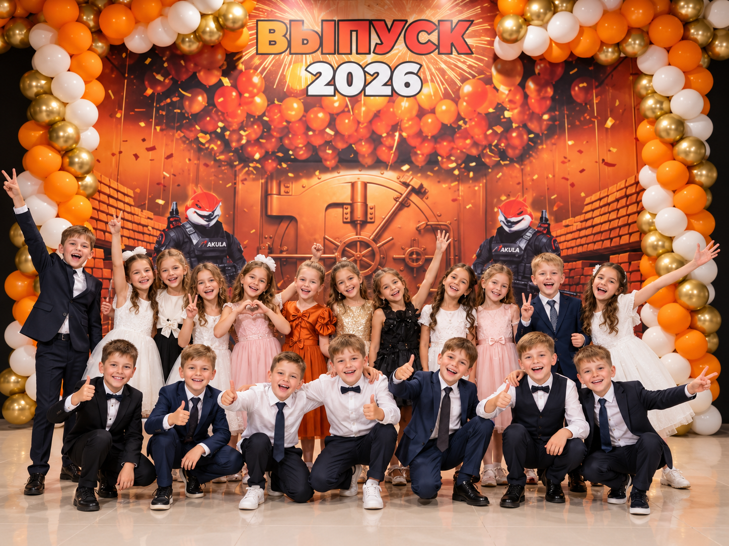 Выпускники фотографируются всем классом на празднике в АКУЛЕ