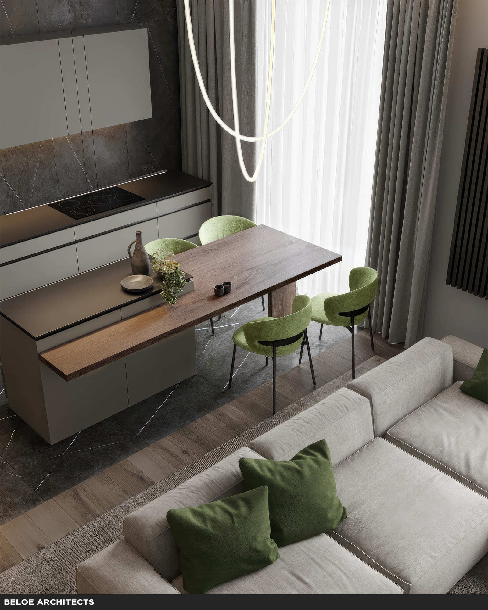 Дизайн кухни-гостиной в современном стиле в квартире в Москве от студии beloe architects