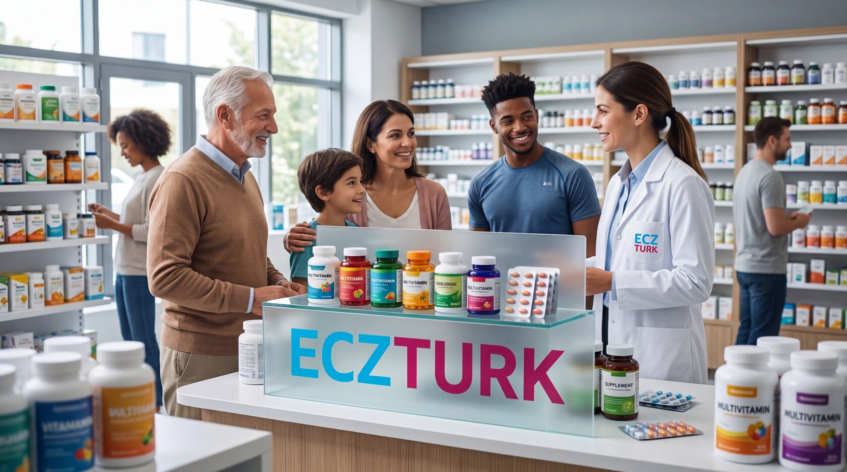 Аптека ECZTURK — ассортимент турецких витаминов и препаратов на прилавке с фармацевтом