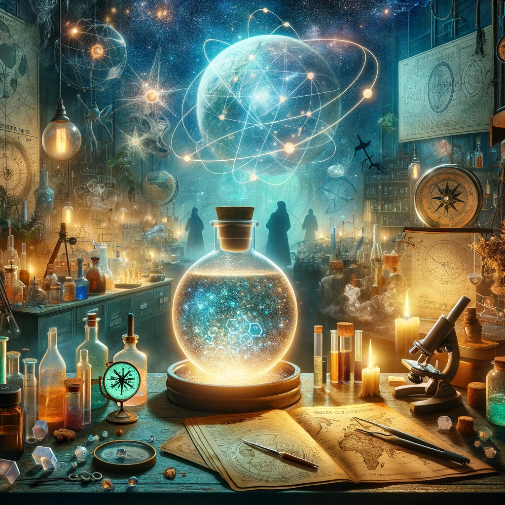 A mystical workshop scene featuring a shimmering vessel containing Polyethylene Glycol at the center, surrounded by various cosmetic products symbolizing the world of cosmetics. In the corner of the workshop, there are maps and a compass, hinting at the travels of a procurement officer. Technological tools and science books are strategically placed to emphasize the influence of science and technology. Human silhouettes are present in the background, observing the process, adding life and depth to the scene without dominating the composition. The atmosphere is enchanting, blending elements of magic and scientific exploration.