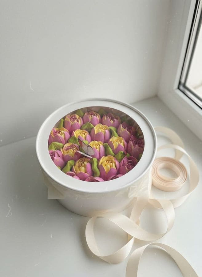 Тюльпаны из зефира в шляпной коробке с окном, диаметр 21 см 2