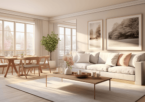 Светлая и гармоничная гостиная в стиле фэншуй с большим окном, диваном и деревянным столом