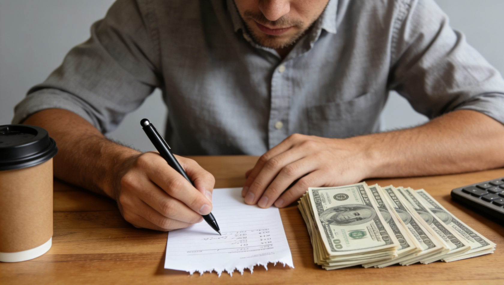 a man is holding paper and a pen, calculating child support payments. 