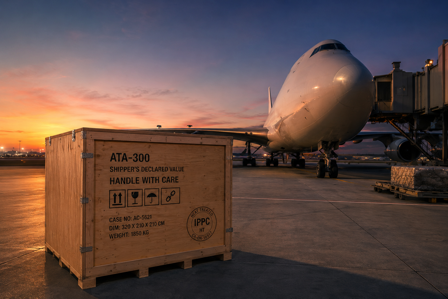 Custom wooden export crate with ATA-300 markings and ISPM-15 stamp at an air cargo terminal — Argos Crating builds aerospace export crates from Mississauga
