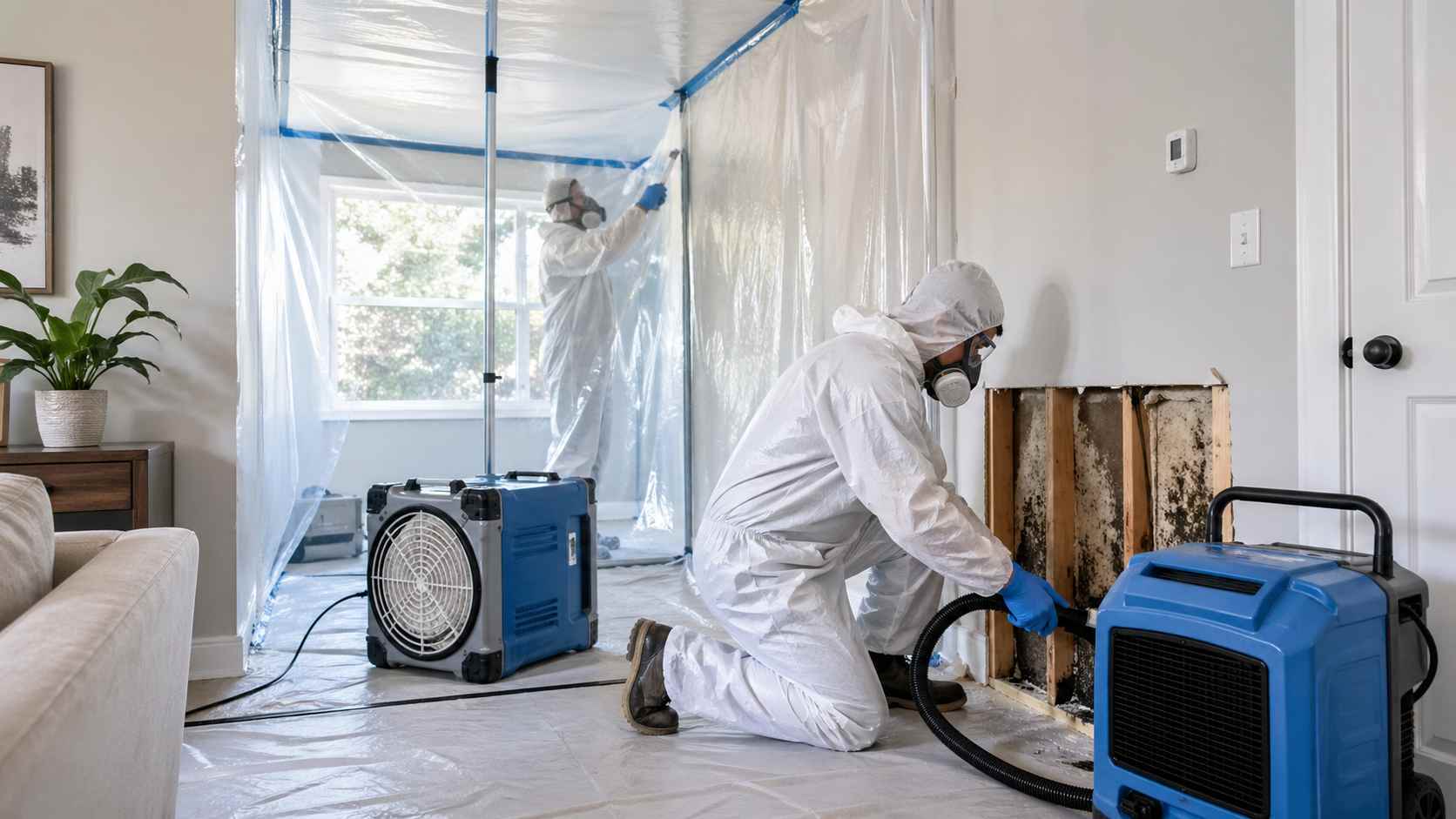 Professional mold remediation in a home with containment sheeting, HEPA air scrubber, and technicians removing mold-damaged drywall.