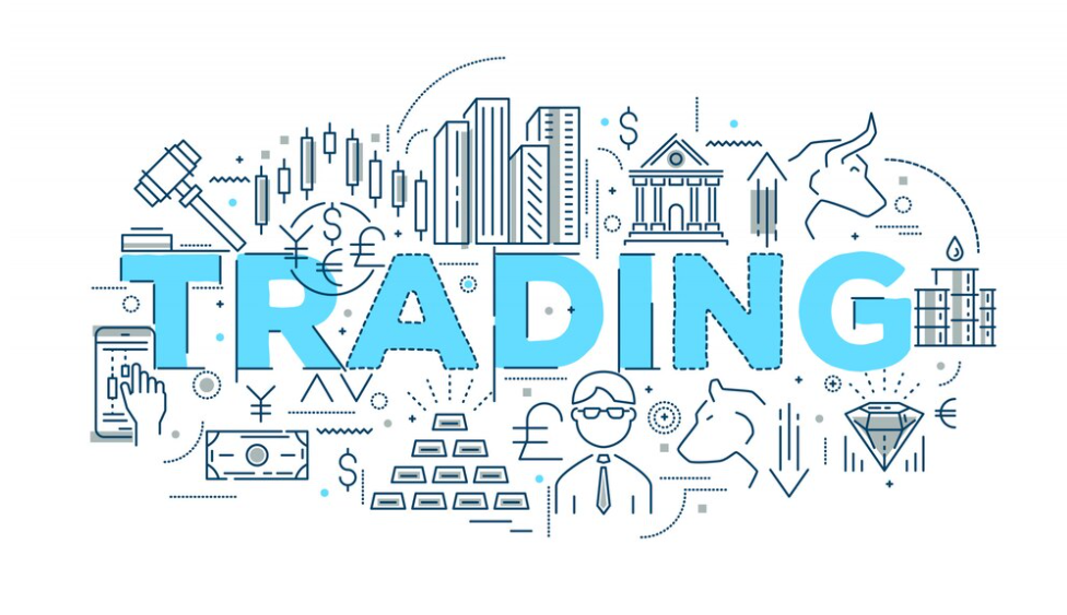 Active trading: Vector illustration with drawings and the word trading.