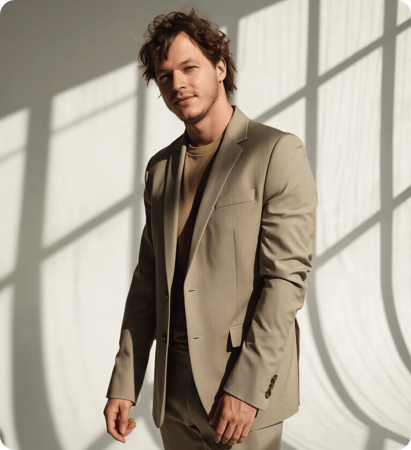 Деловой портрет дизайнера Александра Музалевского в бежевом костюме на фоне графичных теней