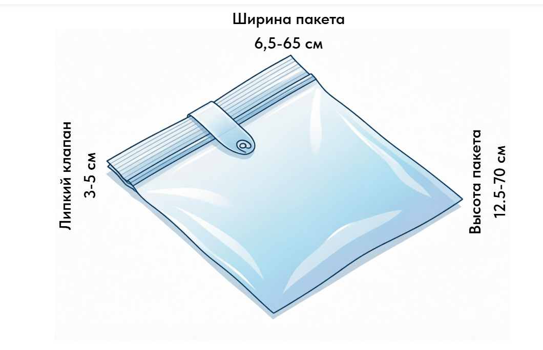 Схема пакета с липким клапаном: ширина 6,5–65 см, высота 12,5–70 см, липкий клапан 3–5 см