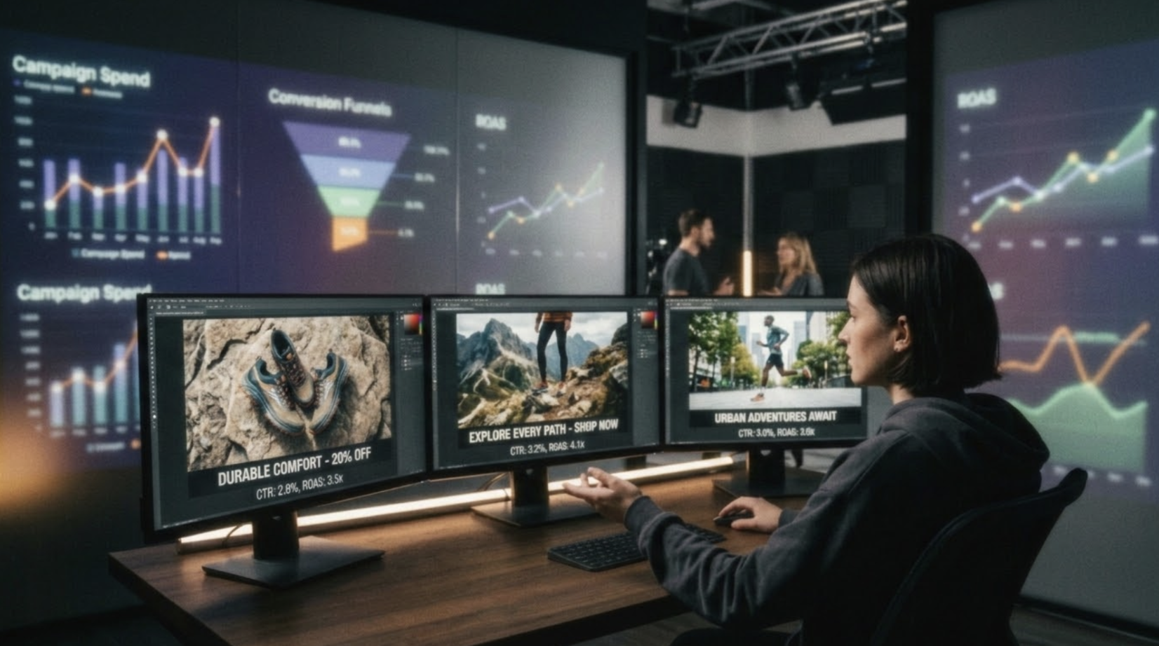 Split-screen comparison showing a structured UI ad layout (ChatGPT Images 2.0) vs. a hyper-realistic product lifestyle shot (Nano Banana 2) vs. a quick hero banner (Bing), set against a dark performance marketing dashboard background.