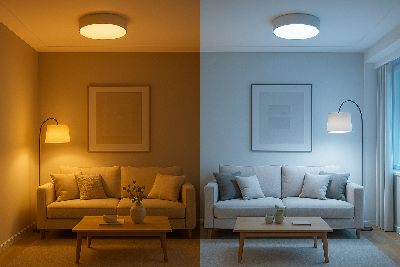 Сравнение тёплого и холодного света в одной гостиной: два сценария освещения.
