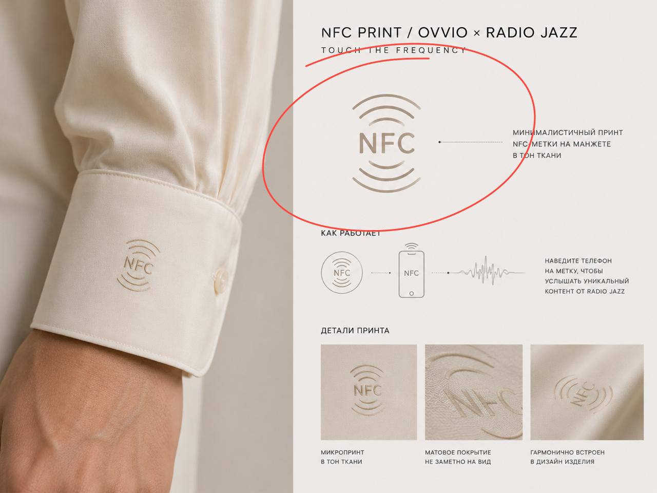 NFC-метка OVVIO × Радио JAZZ на манжете рубашки — Touch the Frequency, технология капсульной коллекции