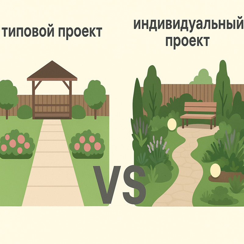 Сравнение садовых проектов: слева типовой проект с прямой дорожкой, простой беседкой и симметричными клумбами; справа индивидуальный проект с извилистой дорожкой, разнообразными растениями, подсветкой и уютной зоной отдыха.