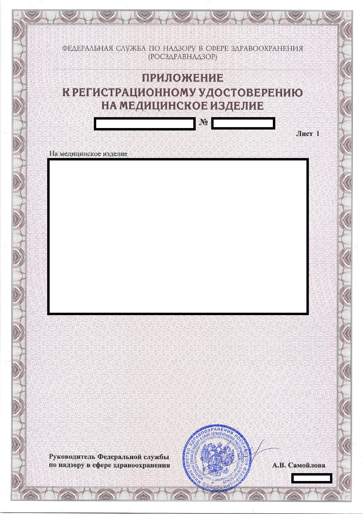 Первая страница приложения к регистрационному удостоверению