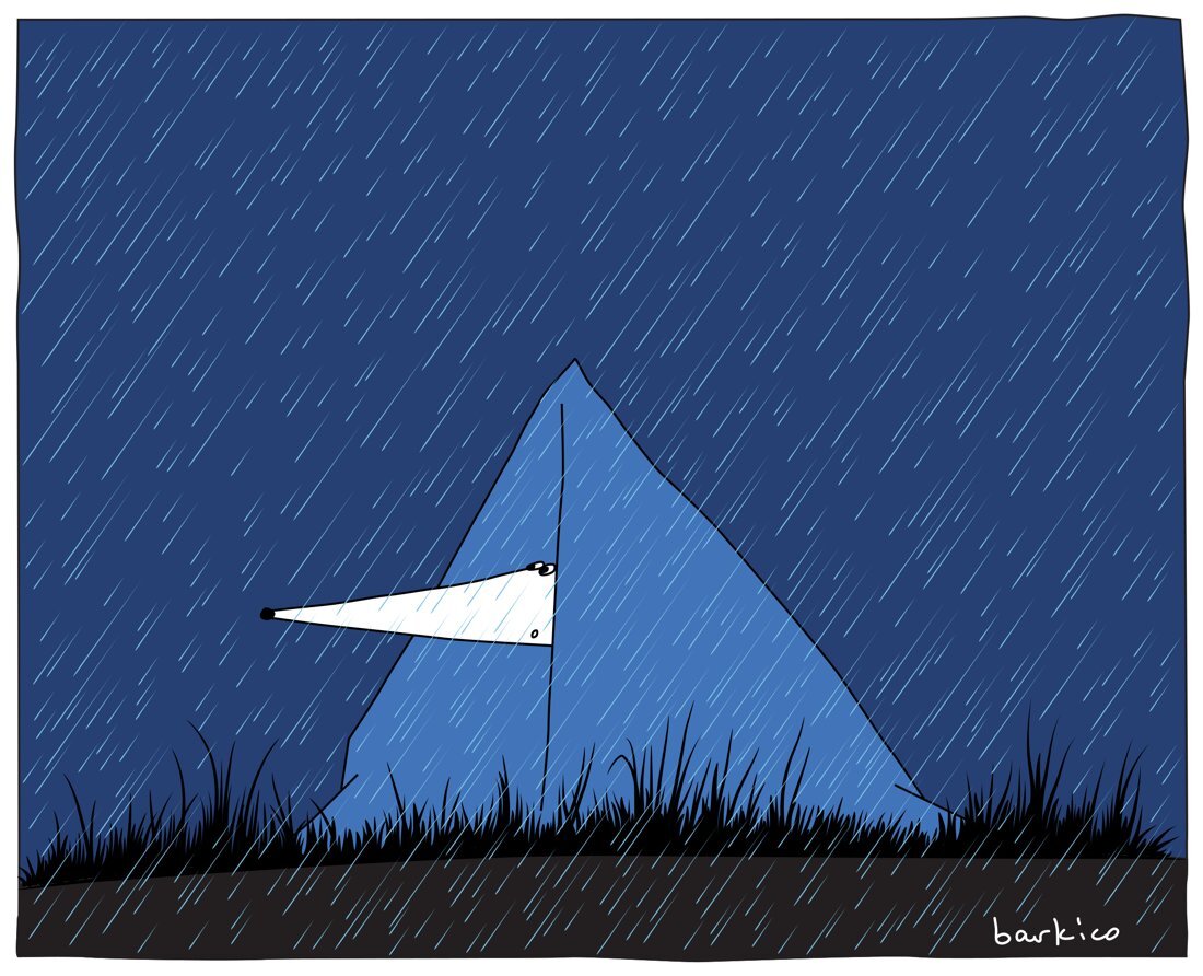 Krys in a tent in the rain