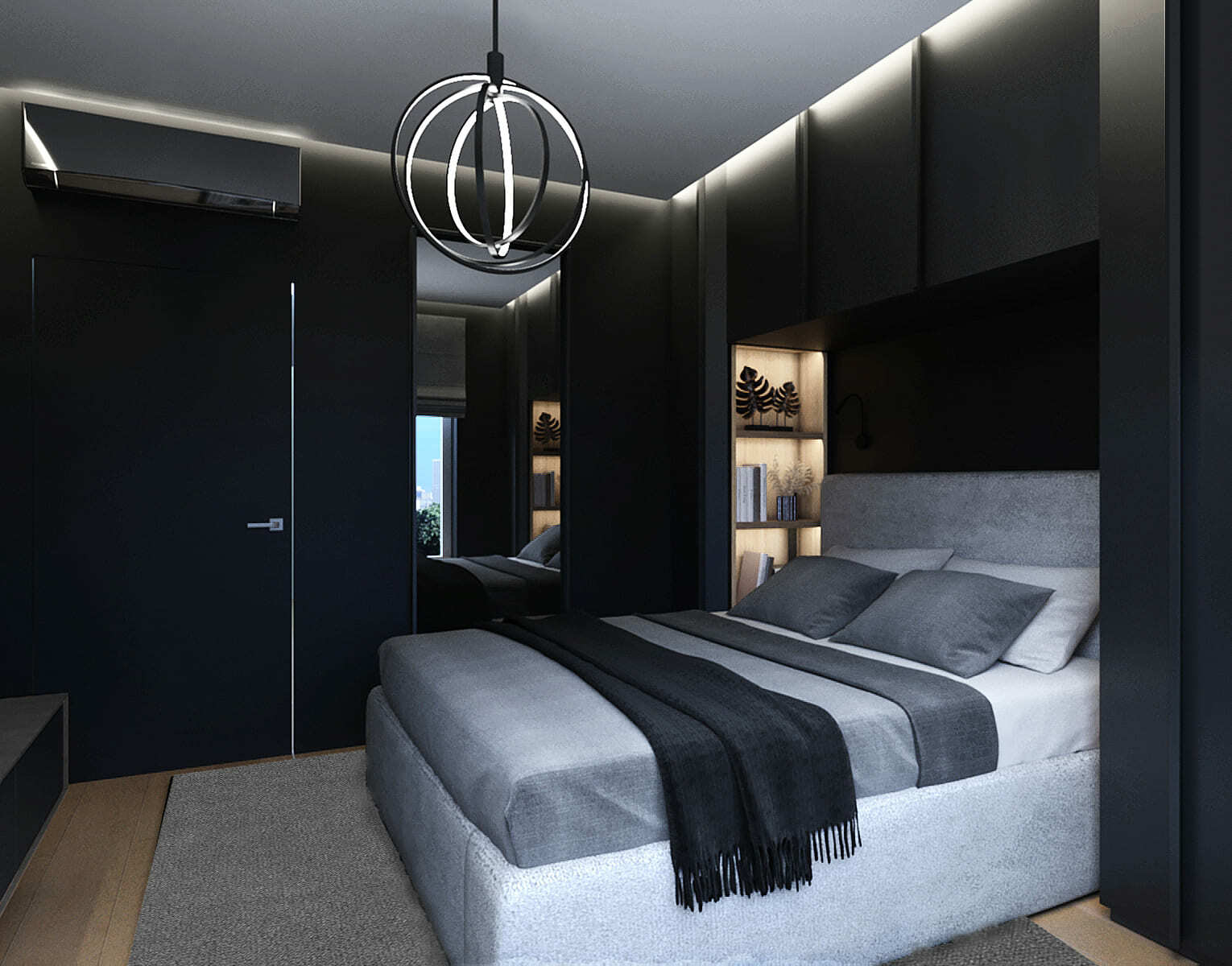 дизайн чёрной спальни со шкафом вокруг серой кровати и минималистичной люстрой