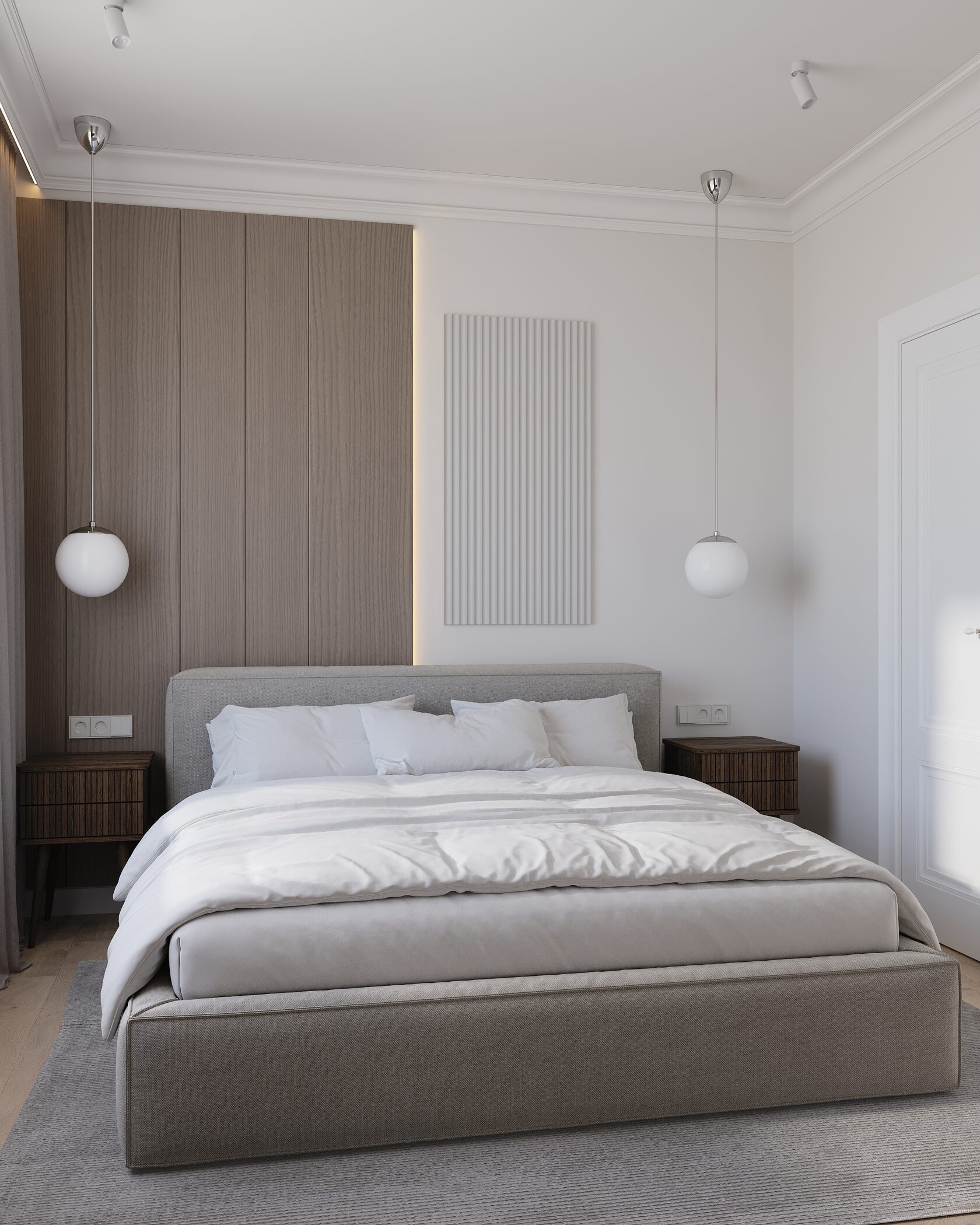 Минималистичная кровать в спальне интерьер