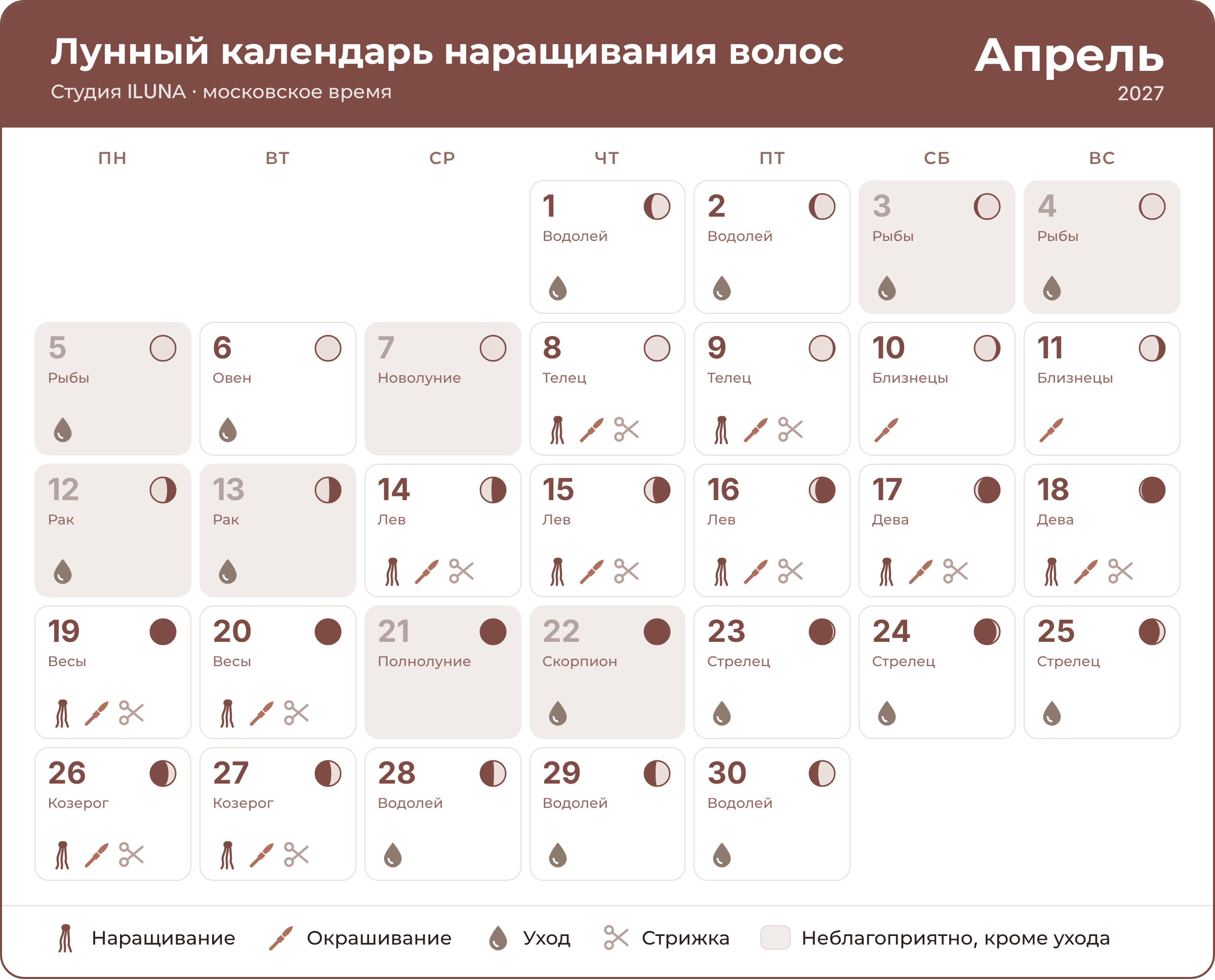 Лунный календарь наращивания волос на апрель 2027 по дням