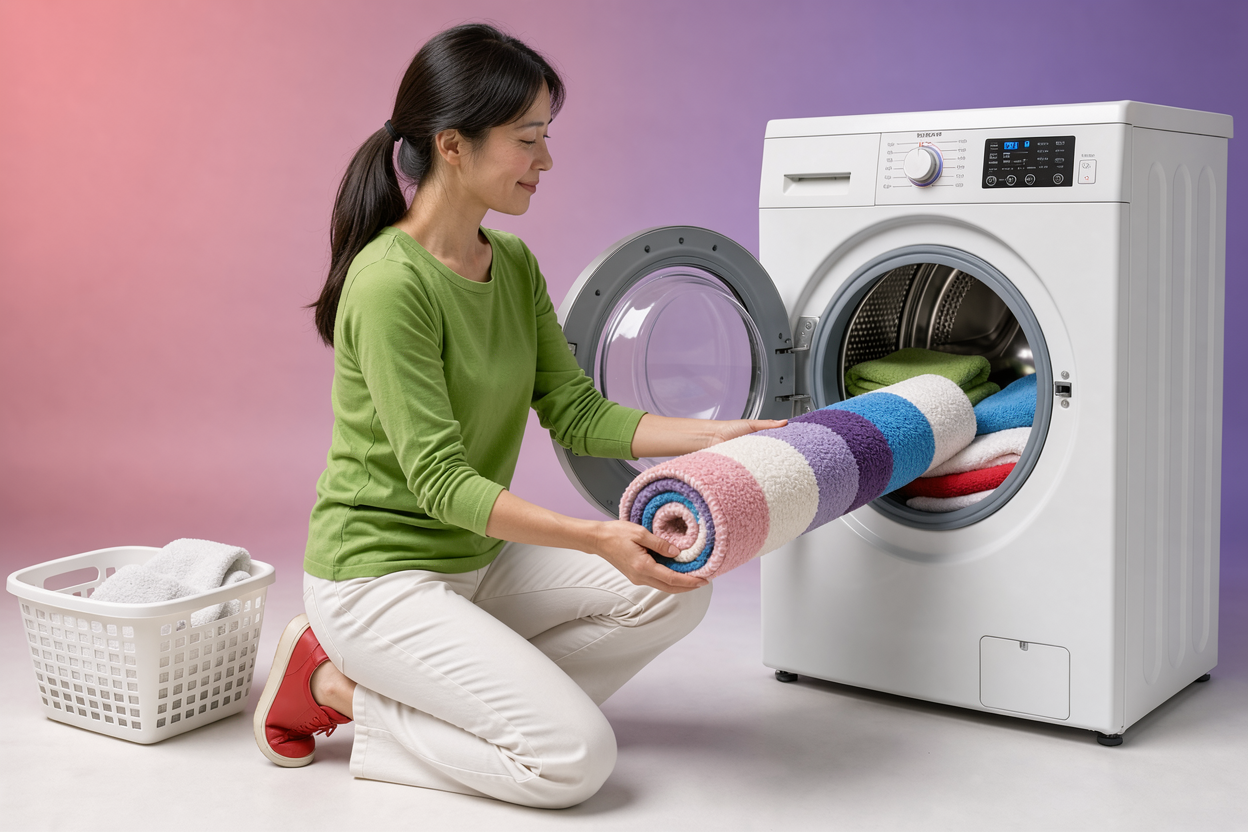 A rolled rug being placed gently into a front-loading washing machine on a delicate cycle with a few towels to balance the load